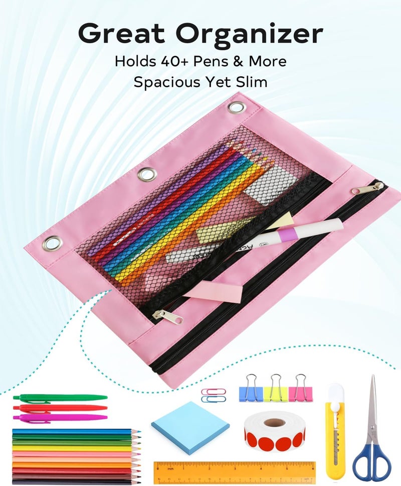 ASBEFORE Pink Pencil Pouch for 3 Ring Binder - Zipper Pencil Case Bag Holder Bulk Accessories, Small Clear Window Aesthetic Organizer Pockets 3 Hole School Essentials - Image 5